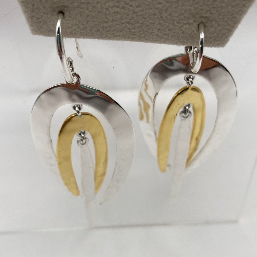 Robert Lee Morris Hammered 2 Tone Dangle Earrings Yellow White Bronze Pierced - Picture 4 of 12